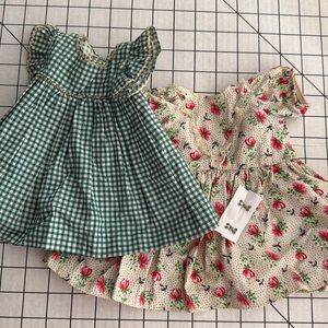 Vintage Doll Dresses – Gingham & Floral Cotton – 1940s–1950s Handmade Pair